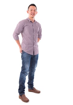 Front view full body confident Asian man standing isolated on white background. Asian male model.
