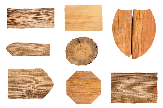 collection of various empty wooden sign on white background. each one is shot separately