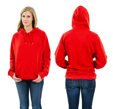Photo of a teenage female with long blond hair posing with a blank red hoodie.  Front and back views ready for your artwork or designs.