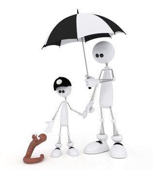The white person on springs walks with the son with an umbrella.
