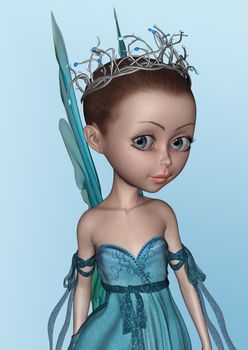 3D digital render of a cute little fairy in blue dress