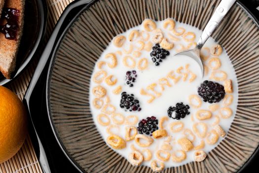 A bowl of alphabet cereal pieces floating in milk with the word STRESS spelled out.