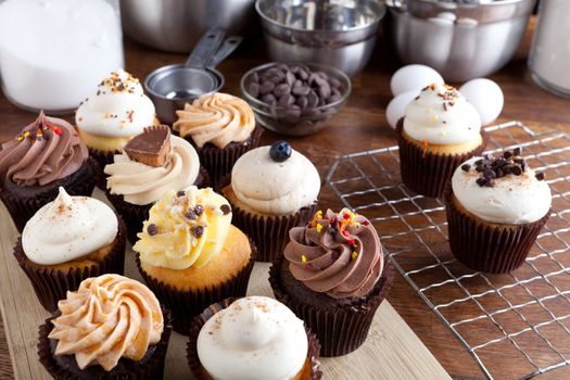 Close up of some decadent gourmet cupcakes frosted with a variety of frosting flavors. Shallow depth of field.