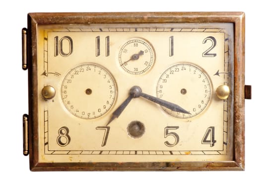 old rusty clock of the last century on a white background