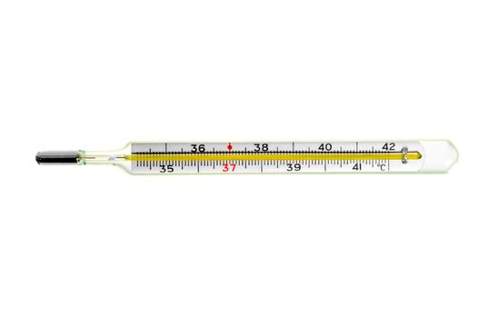 glass mercury thermometer close up on a white background