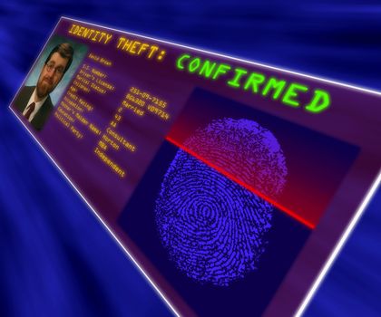 A virtual reality display confirming identity theft, showing a fingerprint scan, a portrait and personal data.