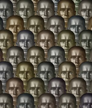 Rows of metallic robot androids, one with human eyes