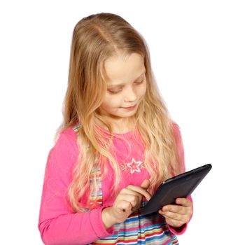 little girl using a touch screen computer on white background