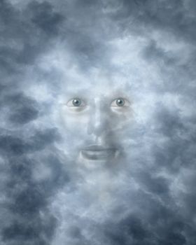 Spiritual faces peering through clouds possibly a god or deity