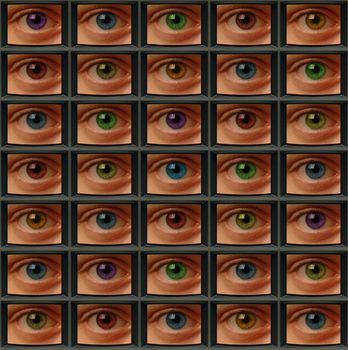 Video screens with close-ups of eyes with different color pupils