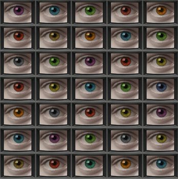 Video screens with close-ups of eyes with different color pupils