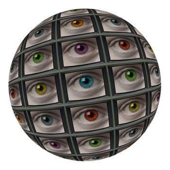 Sphere of video screens showing multi-colored eyes. On white background.