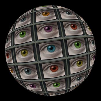 Sphere of video screens showing multi-colored eyes. On black background.
