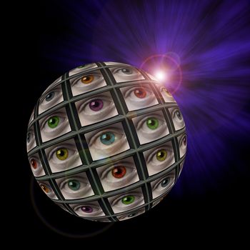 Sphere of video screens showing multi-colored eyes with an exploding light in background with lens flare