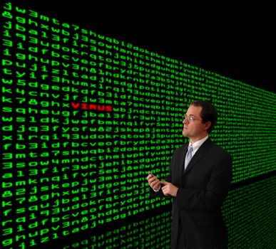 Man in a suit detecting computer virus in a firewall of machine code