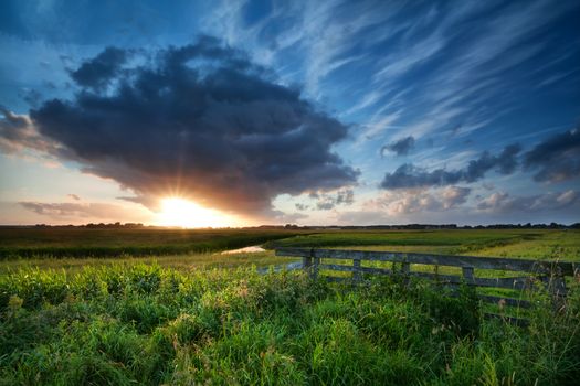 beautiful sunset over green summer meadows, Groningen, Netherlands