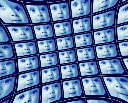Distorted blue video screens showing the identical faces of a baby