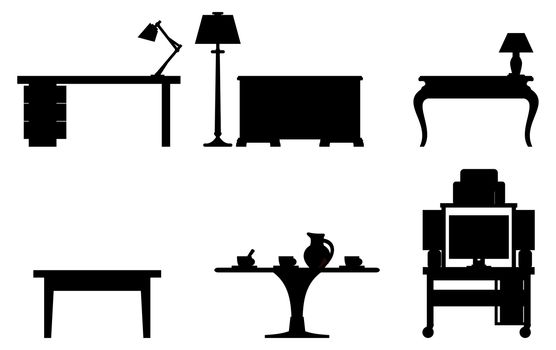 Vector black and white illustration of six tables.  