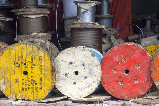 Reels of steel wire rope outside a workshop in CHinatown, Bangkok