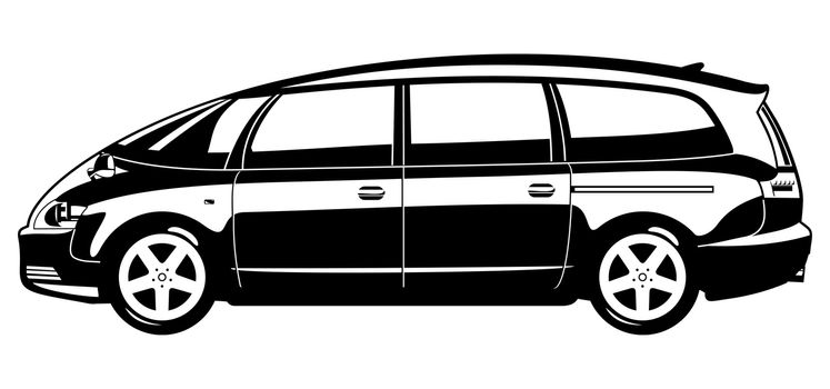 black and white illustration of  minivan