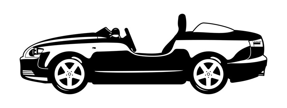 black and white illustration of  roadster (barchetta). 