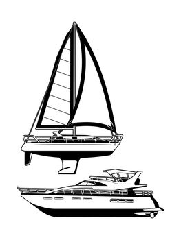 black and white illustration of a sailing vessel and motor yacht. 