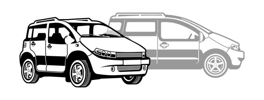 black and white illustration of  microcar. 