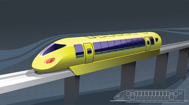 illustration of a train of magnetic suspension. in the lower right corner - the drawing. -side view.