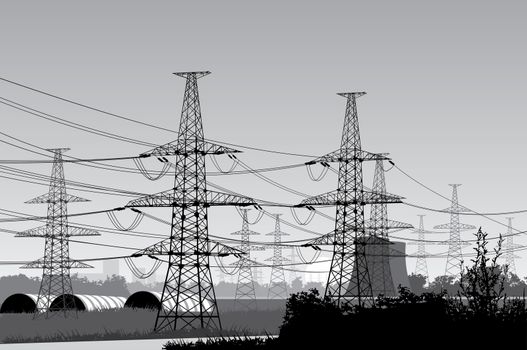 illustration of electricity pylons.  morning urban landscape