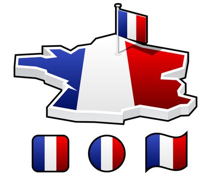 a set of icons - the map and flag of France. Flag stands on the site of the capital of France - Paris