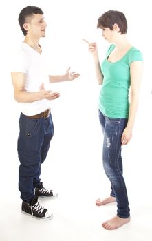Young man and woman arguing isolated on white background