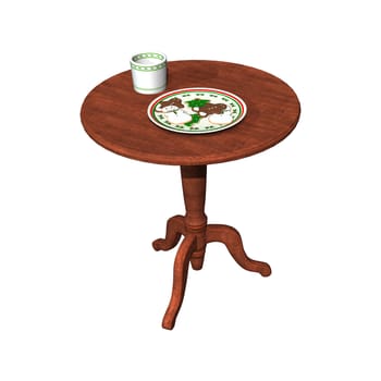 3D digital render of a Christmas plate full of cookies and a cup standing on the table isolated on white background