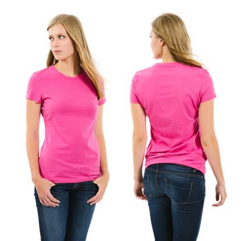 Photo of a teenage female with long blond hair posing with a blank pink shirt.  Front and back views ready for your artwork or designs.
