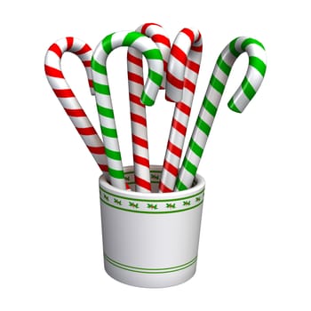 3D digital render of candy canes in a cup isolated on white background