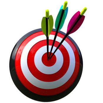 3D simulation of a ball target and three arrows in the center isolated and with clipping path