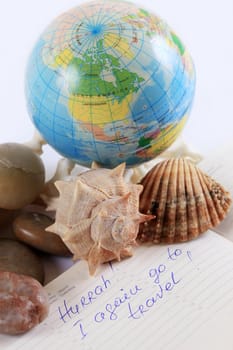 The globe, bowls and an inscription in a notepad
