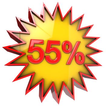 discount star with fifty five percent in 3d isolated with clipping path and alpha channel