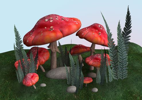 3D digital render of red toadstools on the green meadow
