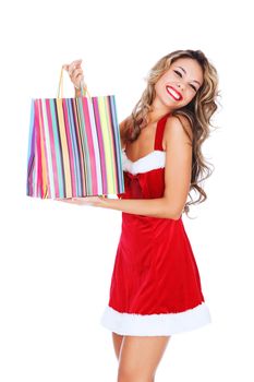 Girl in red dress with a shopping bag, white background, copyspace