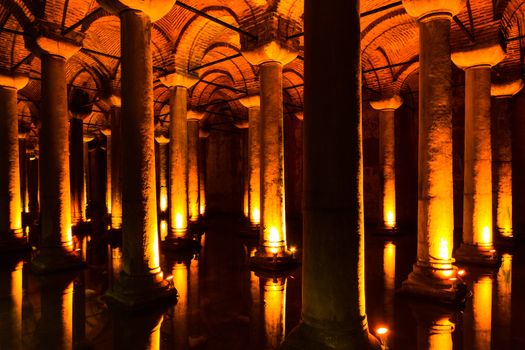 The Basilica Cistern (Turkish: Yerebatan Sarayı - "Sunken Palace", or Yerebatan Sarnıcı - "Sunken Cistern"), is the largest of several hundred ancient cisterns that lie beneath the city of Istanbul (formerly Constantinople), Turkey.