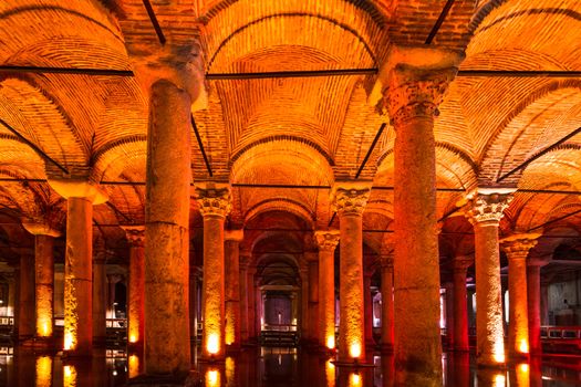 The Basilica Cistern (Turkish: Yerebatan Sarayı - "Sunken Palace", or Yerebatan Sarnıcı - "Sunken Cistern"), is the largest of several hundred ancient cisterns that lie beneath the city of Istanbul (formerly Constantinople), Turkey.