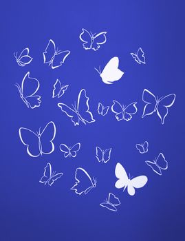 Group of white silhouettes butterflies flying over a blue background