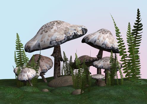 3D digital render of Amanita phalloides, or death cap, deadly poisonous basidiomycete fungus