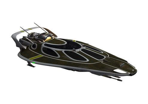 3D digital render of a dark spaceship isolated on white background