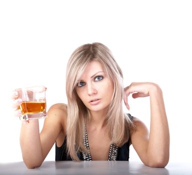 The girl with  glass of whisky on a white background