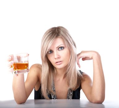 The girl with  glass of whisky on a white background