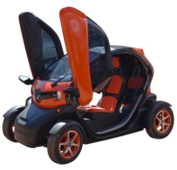 Renault Twizy full electric car. Isolated with path on white background. Editorial image. Logos are not removed