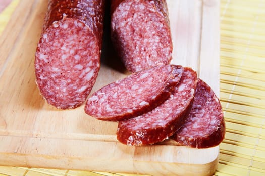 The smoked sausage cut on slices