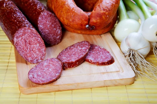 Smoked sausage on a kitchen table