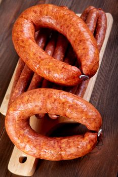 Smoked sausage on a kitchen table